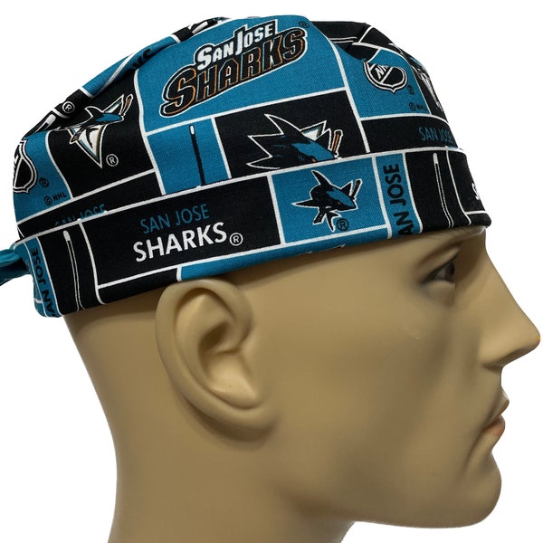 Men's San Jose Sharks Scrub Hat, Semi-Lined, Cuffed or No Cuff, Handmade, Adjustable, Optional Buttons
