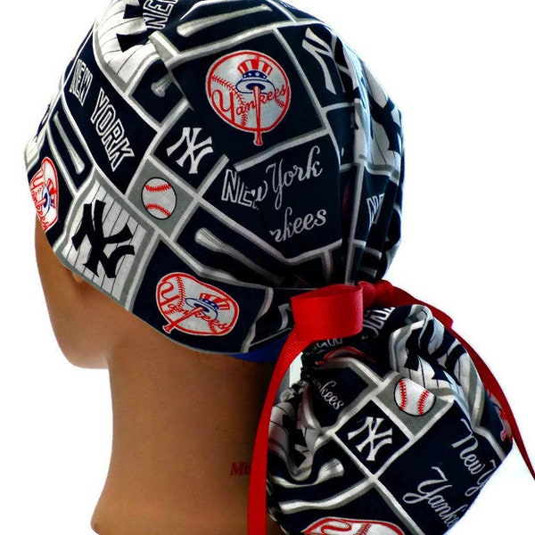 Women's New York Yankees Squares Ponytail Baseball Scrub Hat, Adjustable, Handmade, in 2 Styles, w/ Optional Buttons, (160)