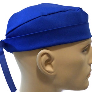 Men&#39;s Royal Blue Solid Fold-Up Cuffed or No Cuff, Semi-Lined Surgical Scrub Hat, Handmade, Adjustable, Optional  Buttons