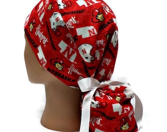 Women's Nebraska Huskers Two Tone Ponytail  Medical Surgical Scrub Hat Optional Satin Lining
