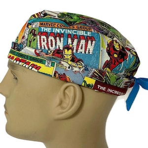 Men&#39;s Superhero Retro Comics  Scrub Hat, Semi-Lined, Cuffed or No Cuff, Handmade, Adjustable, Optional  Buttons