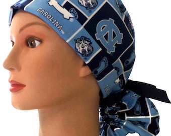 Women's North Carolina Tar Heels   Ponytail  Medical Surgical Scrub Hat Optional Satin Lining, Optional Buttons