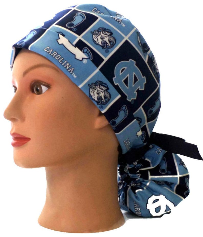 Women's North Carolina Tar Heels Ponytail Medical Surgical Scrub Hat Optional Satin Lining, Optional Buttons afbeelding 1