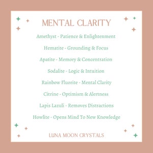 May include: A pink and white graphic with the text "MENTAL CLARITY" in black. A list of crystals and their properties for mental clarity is listed below the title. The text "LUNA MOON CRYSTALS" is at the bottom of the graphic.