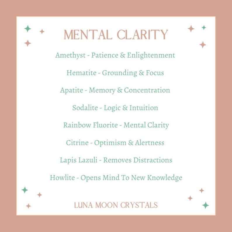 May include: A pink and white graphic with the text "MENTAL CLARITY" in black. A list of crystals and their properties for mental clarity is listed below the title. The text "LUNA MOON CRYSTALS" is at the bottom of the graphic.