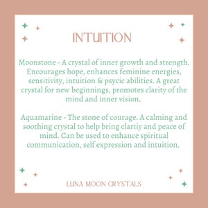 May include: A pink and white card with the word "INTUITION" in black text. The card features text about the properties of moonstone and aquamarine crystals. The text reads "Moonstone - A crystal of inner growth and strength. Encourages hope, enhances feminine energies, sensitivity, intuition & psychic abilities. A great crystal for new beginnings, promotes clarity of the mind and inner vision. Aquamarine - The stone of courage. A calming and soothing crystal to help bring clarity and peace of mind. Can be used to enhance spiritual communication, self expression and intuition." The card also features the text "LUNA MOON CRYSTALS" in green text.