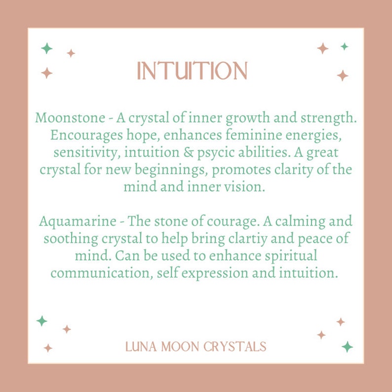 May include: A pink and white card with the word "INTUITION" in black text. The card features text about the properties of moonstone and aquamarine crystals. The text reads "Moonstone - A crystal of inner growth and strength. Encourages hope, enhances feminine energies, sensitivity, intuition & psychic abilities. A great crystal for new beginnings, promotes clarity of the mind and inner vision. Aquamarine - The stone of courage. A calming and soothing crystal to help bring clarity and peace of mind. Can be used to enhance spiritual communication, self expression and intuition." The card also features the text "LUNA MOON CRYSTALS" in green text.