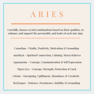 May include: A beige graphic featuring the word "ARIES" in orange. The text details crystal combinations for Aries, such as Carnelian, Amethyst, Aquamarine, Tiger's Eye, Citrine, and Red Jasper, along with their properties.