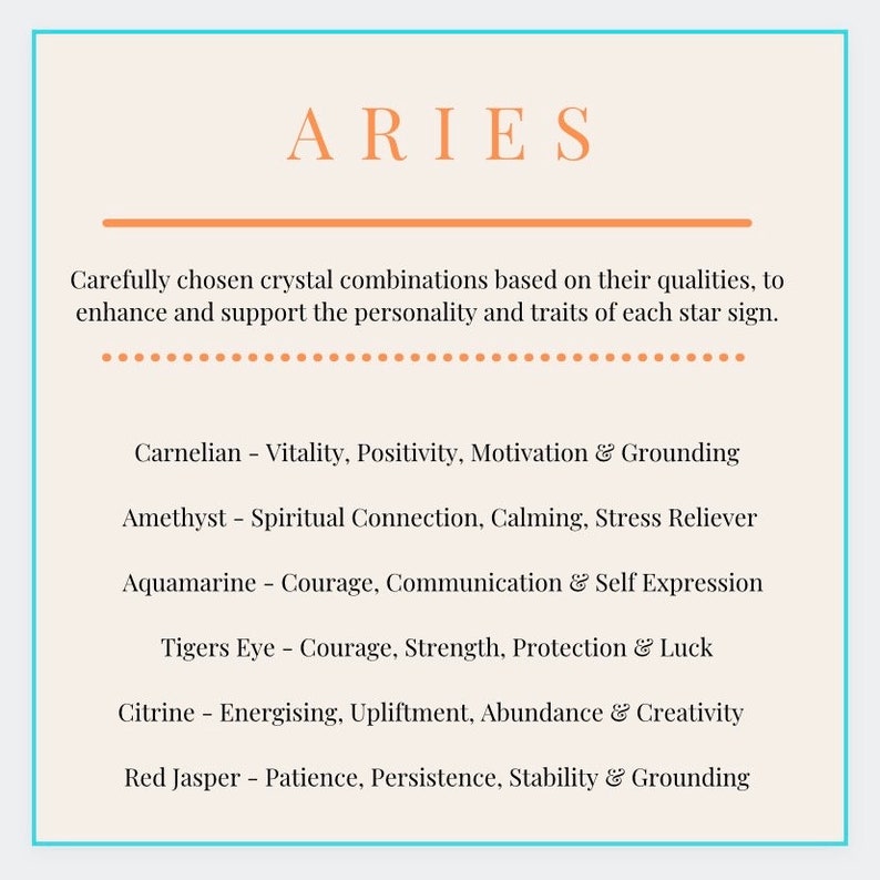 May include: A beige graphic featuring the word "ARIES" in orange. The text details crystal combinations for Aries, such as Carnelian, Amethyst, Aquamarine, Tiger's Eye, Citrine, and Red Jasper, along with their properties.