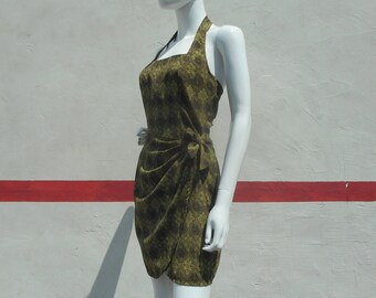 80's Vintage Green Abstract Print Halter Top Wrap Dress