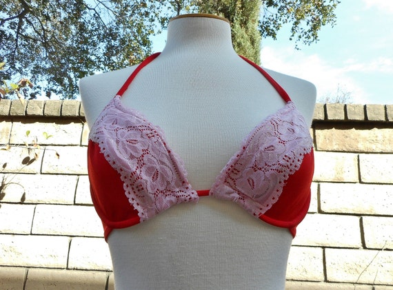 90's Vintage Red & Pink Lace Underwire Bikini Top… - image 1