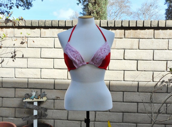 90's Vintage Red & Pink Lace Underwire Bikini Top… - image 2
