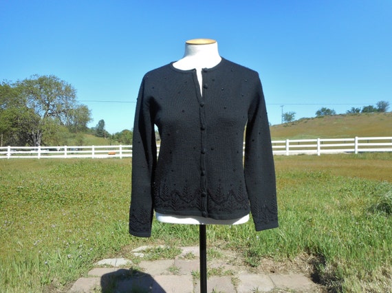 90's Vintage Beaded Black Wool Cardigan Sweater talbots Women's
