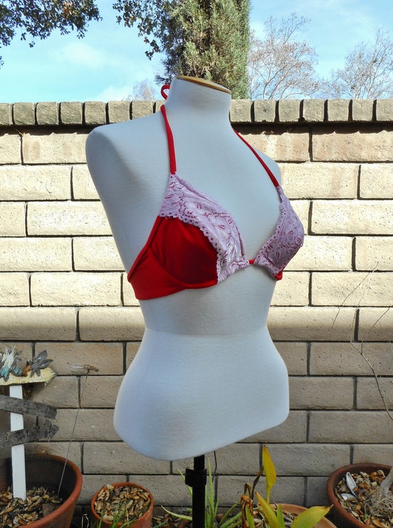 90's Vintage Red & Pink Lace Underwire Bikini Top… - image 3
