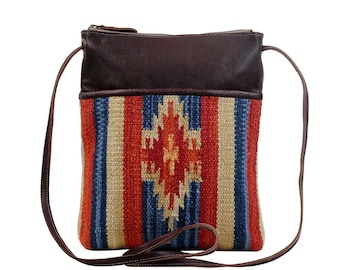 Myra Flaming Crossbody & Shoulder Bag Upcycled Leather/Canvas/Tapestry Purse for Women Small