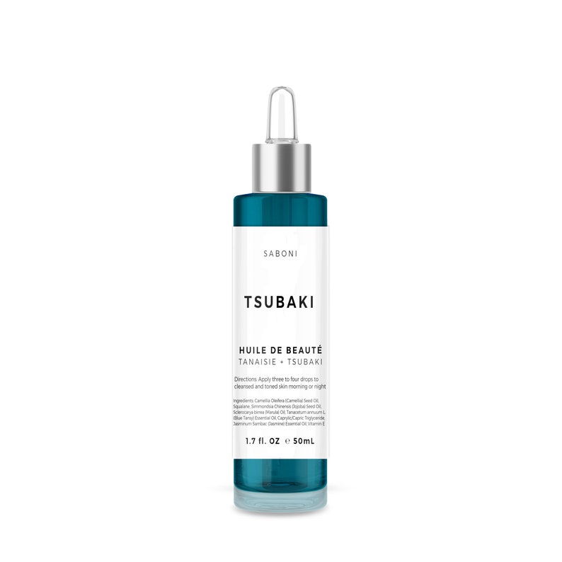 May include: A teal and silver bottle of Saboni Tsubaki Huile de Beaut&eacute;. The bottle has a dropper and a white label with black text. The label reads "TSUBAKI" and "HUILE DE BEAUT&Eacute;". The bottle contains 1.7 fl oz or 50mL of product.