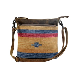 Myra Bag Yellow and Blue Stripes Shoulder/Crossbody Bag Upcycled Tapestry, Leather & Canvas Purse for Women Medium