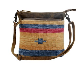 Myra Bag Yellow and Blue Stripes Shoulder/Crossbody Bag Upcycled Tapestry, Leather & Canvas Purse for Women Medium