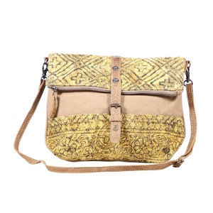 New Myra ELEGANCE Cross Body/Shoulder Bag Upcycled Leather/Canvas/Tapestry Purse for Women Medium