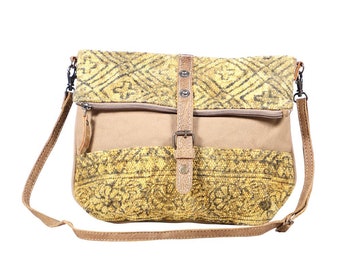 New Myra ELEGANCE Cross Body/Shoulder Bag Upcycled Leather/Canvas/Tapestry Purse for Women Medium