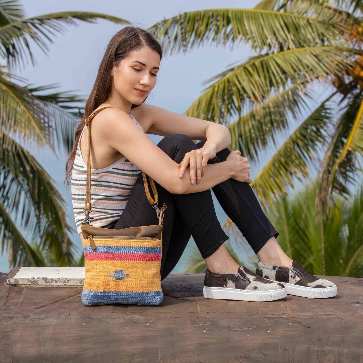Myra Bag Upcycled Tapestry Crossbody Bag: Leather & Canvas 