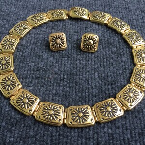 Gold Tone Sun Emblem Choker Necklace & Earrings
