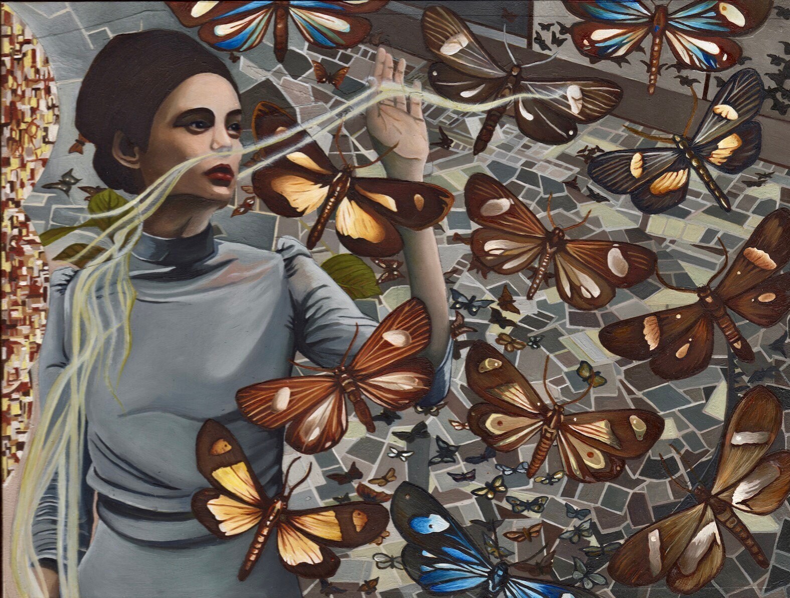 The Butterfly Panel, female figurative, small works, detailed paintings, color prints, b&w prints, butterflies, fashion, architectural, girl