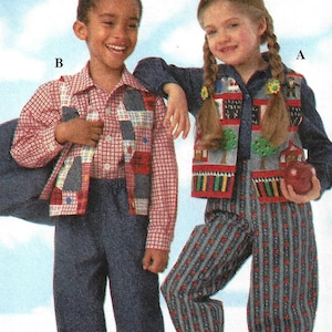 May include: Simplicity sewing pattern featuring children's clothing. The pattern includes designs for shirts, pants, and a vest. The image shows children wearing the outfits. The pattern is size AA, for sizes 3, 4, 5, and 6. The Appletree by Fabric Traditions logo is visible.