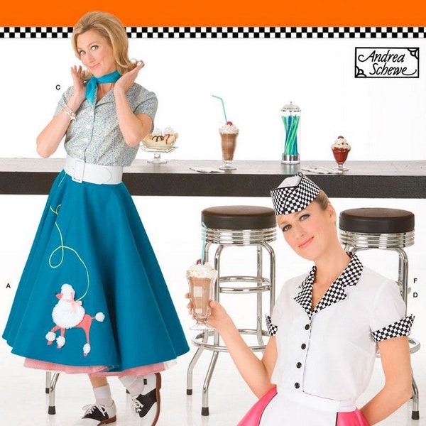 Simplicity 3847 Sewing Pattern Misses Retro 50s Style Costumes Poodle Skirt Petticoat Shirt Apron and Hat sz 6-12 Uncut