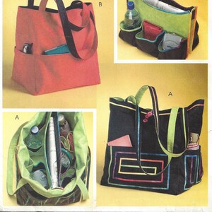 May include: McCall's Fashion Accessories sewing pattern featuring tote bags. The pattern includes various tote bag designs in different colors and styles. The image shows a red tote bag, a black tote bag with colorful geometric designs, and a green tote bag.