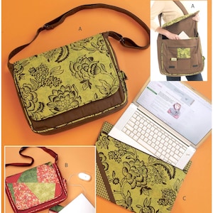 May include: McCall's Fashion Accessories sewing pattern M5824 for bags. Includes designs for a messenger bag with a green floral flap, a patchwork flap bag, and a laptop sleeve. Features text: McCall's Fashion Accessories, M5824, Size OSZ, Jennifer Lokey.