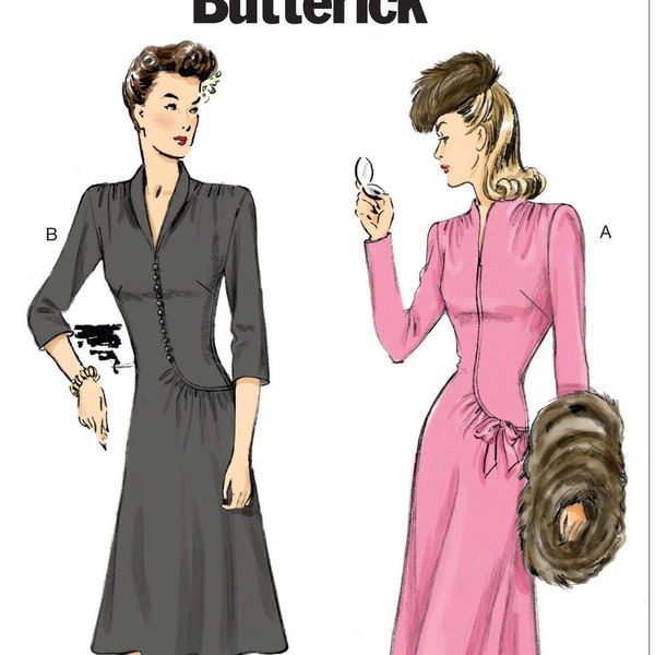 Butterick B6374 Sewing Pattern Misses Vtg 1944 Reproduction Swan Neck or Shawl Collar Dresses with Asymmetrical Gathers 6-14 or 14-22 Uncut