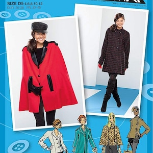May include: Simplicity 1942 sewing pattern featuring a red cape with black accents, a patterned coat, and illustrations of various jacket designs. The pattern includes sizes 4, 6, 8, 10, and 12. The Project Runway logo is visible.