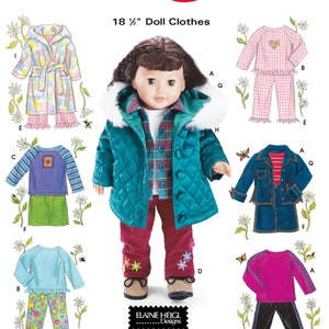 May include: Simplicity Crafts pattern for 18 1/2 inch doll clothes. The pattern includes designs for a quilted jacket, pajamas, a denim jacket, a skirt, a robe, and other outfits. The pattern features the text "Elaine Heigl Designs" and "Wrights".