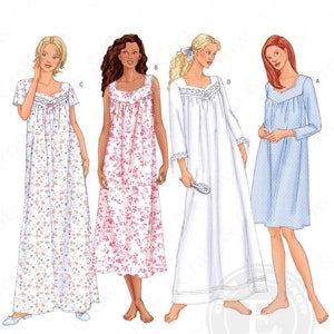 May include: Four different nightgowns, each with a different pattern and style. The first nightgown is light blue with white polka dots, the second is white with lace trim, the third is pink with white floral print, and the fourth is white with a floral print.