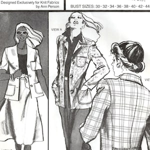 May include: A sewing pattern for classic jackets, featuring three different views. The pattern is designed for knit fabrics and includes bust sizes 30-32, 34, 36, 38, 40, 42-44. The pattern number is 1040.