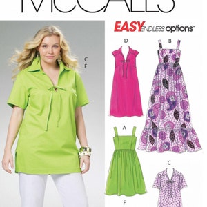 May include: McCall's M6085 sewing pattern featuring various women's clothing designs. The pattern includes options for a dress, top, and pants. The size is KK (26W-28W-30W-32W). The image shows a woman wearing a lime green top and white pants.