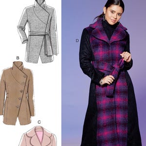May include: McCall's M7667 sewing pattern envelope featuring illustrations of three coat variations labeled A, B, and C, and a photograph of a long coat labeled D. The coat D has a black and magenta plaid front panel with black sleeves and sides.