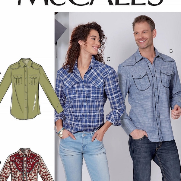 McCalls M7980 Sewing Pattern Misses and Men's Semi Fitted Button Front Collared Shirts with Western Yoke Variations sz S-L or XL-XXXL Uncut