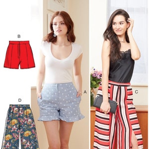 May include: Sewing pattern for three different styles of pants: a pair of red shorts, a pair of blue shorts with white stars, and a pair of wide-legged pants with a floral print. The pattern is for sizes 14-16-18-20-22.
