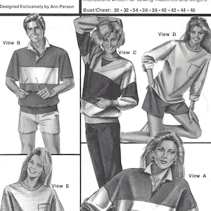 May include: A vintage sewing pattern titled "hidden placket rugby" by Stretch & Sew. The pattern features illustrations of various rugby shirt designs with color-blocked details. Bust/chest sizes range from 30 to 46 inches.