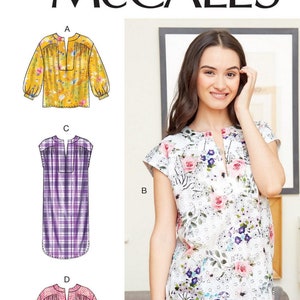 May include: A sewing pattern for a women's top with a V-neck and short sleeves. The pattern includes four different styles: a yellow top with long sleeves, a purple plaid top with short sleeves, a floral print top with short sleeves, and a pink top with long sleeves. The pattern is for sizes 6-8-10-12-14.