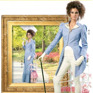 May include: McCall's Costumes pattern M7140. The image shows a woman in a light blue tailcoat, white pants, and boots, holding a cane. The pattern includes a framed image of a woman in a similar outfit. The pattern size is E5 (14-16-18-20-22).