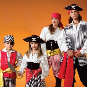 May include: McCall's Costumes pattern for adult pirate costumes. The image shows a family dressed in pirate attire, including hats, vests, striped shirts, and red sashes. The pattern number is M4952.