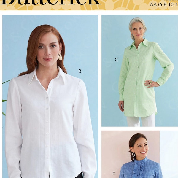 Butterick B6747 Sewing Pattern Misses Button Down Collared Shirts Optional Ruffle sz 6-12 or 14-22 Uncut