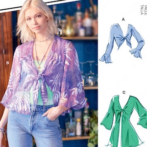 May include: A sewing pattern for a tie-front top with multiple view options. The pattern includes instructions for making a top with long sleeves and a tie at the front. The pattern is available in sizes XS-S-M-L-XL. The pattern is called "Bluebell McCall's".
