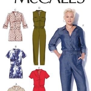 May include: A sewing pattern for a jumpsuit with five different variations. The pattern includes a sleeveless jumpsuit, a short-sleeved jumpsuit, a long-sleeved jumpsuit, a jumpsuit with a tie belt, and a jumpsuit with a button-up front. The pattern is for sizes X-Small, Small, and Medium.
