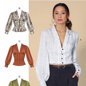 May include: A sewing pattern for a women's blouse with a V-neckline and long sleeves. The pattern includes four different variations of the blouse, each with a different neckline and sleeve length. The pattern is for sizes 6-8-10-12-14. The pattern is called McCall's M7978.