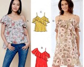 McCalls M7785 Sewing Pattern Misses Semi Fitted Tops and Dresses with Flounces and Length Variations sz 6-14 or 14-22 Uncut