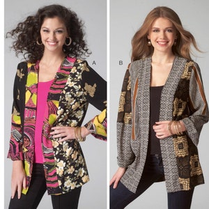 May include: Two women model a black and white patterned jacket with long sleeves and a V-neck. The jacket has a geometric pattern with brown, black, and white accents. The jacket is shown in two different styles, one with a pink and black patterned top underneath and the other with a black top underneath. The pattern on the jacket is different in each style. The jacket is McCall's pattern M7132, size Y (Xsm-Sml-Med).